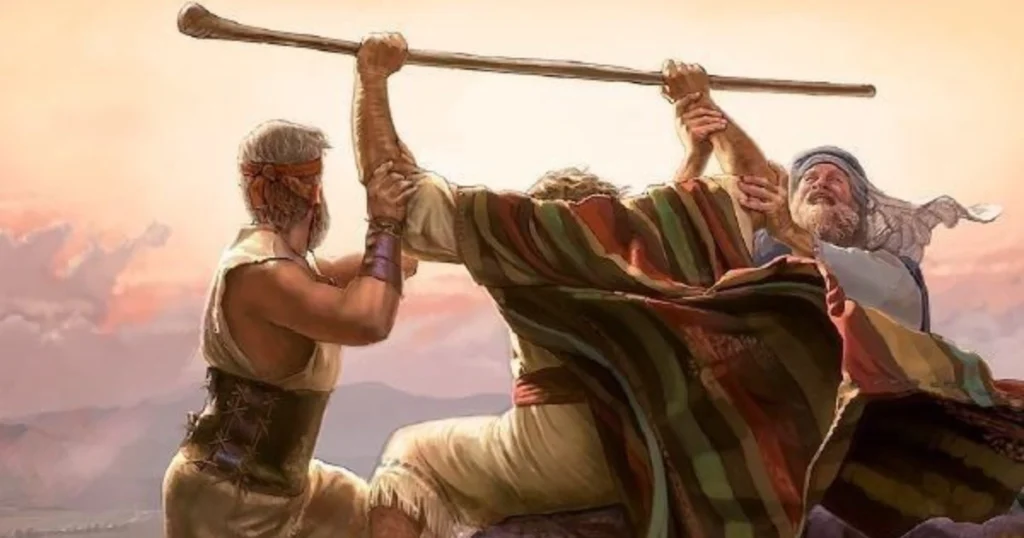 Dois homens segurando os braços de outro homem, simbolizando Moisés com Arão e Hur, representando apoio, unidade e força espiritual segundo princípios bíblicos para homens cristãos.